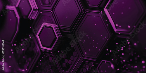 Dark gray and purple horizontal hexagonal technology abstract wide vector background. Purple bright energy flashes under hexagon. Technology futuristic modern wide banner. Dark gray honeycomb texture.
