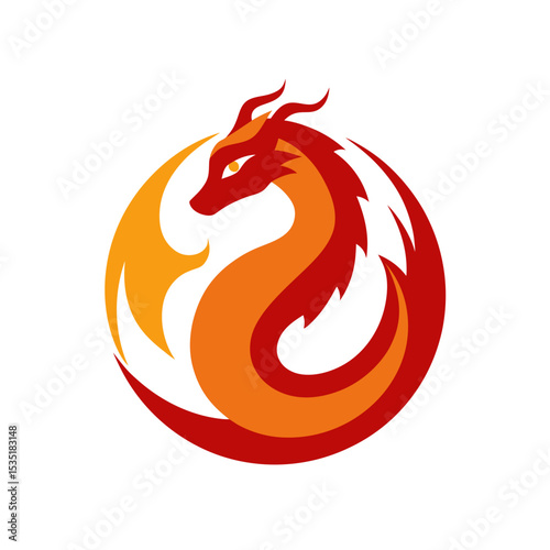 Stylized Dragon and Flame Vector Logo Icon in a Circle