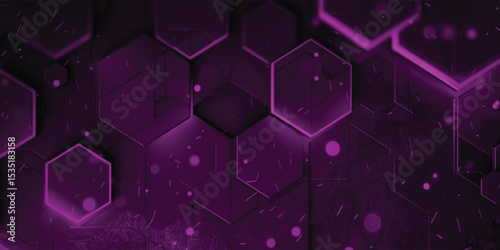 Dark gray and purple horizontal hexagonal technology abstract wide vector background. Purple bright energy flashes under hexagon. Technology futuristic modern wide banner. Dark gray honeycomb texture.