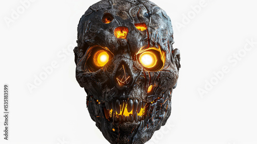 A terrifying Halloween skull mask with glowing orange eyes and eerie textured features, perfect for a spooky costume. photo