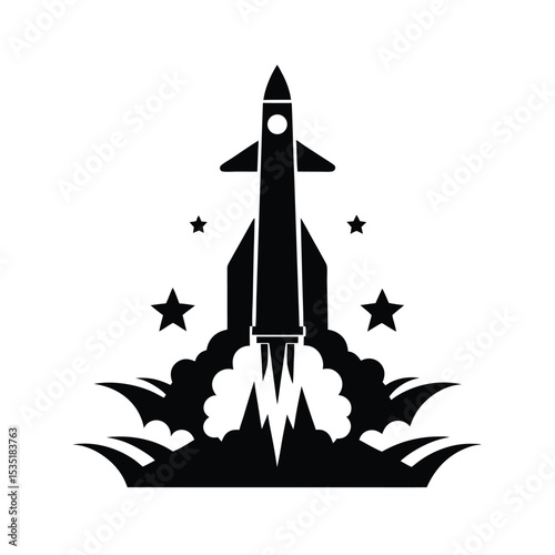 Black Silhouette Rocket Launching with Flames Stars and Grass Abstract Space Flight Icon