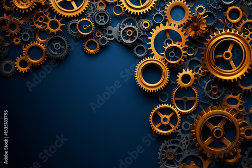Abstract Gold and Brown Gears Pattern on Dark Blue Background