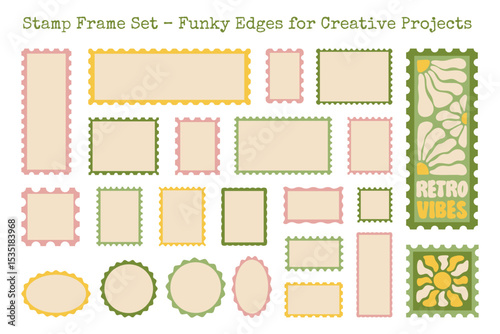 Stamp Frame Templates, Vector Postmarks. Set of colorful empty postage stamps in funky retro style