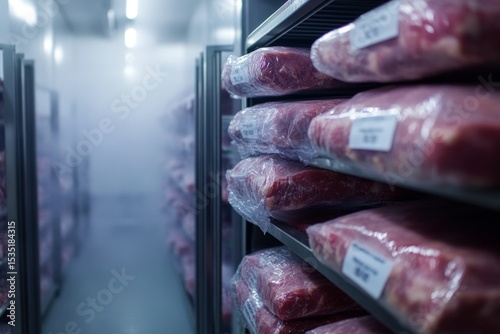 Vacuum packed beef in cold storage awaiting distribution in industrial food preservation warehouse