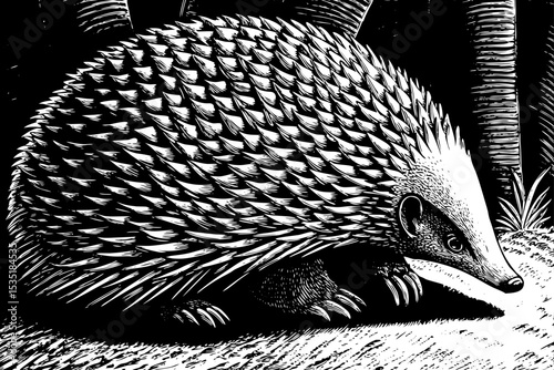 hedgehog curled into a ball for protection black and white sketch vector