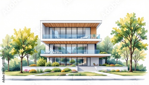 watercolor painting, modern minimalist two story house with glass panels, cantilevered floors, urban park setting, white background