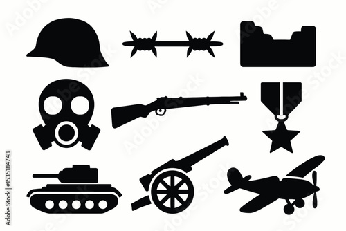 Black silhouette icon set representing World War I. Includes solid black icons of a soldier helmet, barbed wire, trench, gas mask, rifle, medal, tank, cannon, flag, and warplane