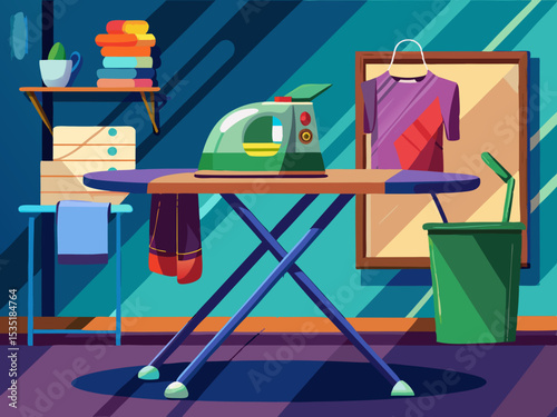 vector of Ironing table and iron next to it for ironing clothes and fashion.