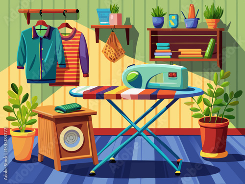 vector of Ironing table and iron next to it for ironing clothes and fashion.