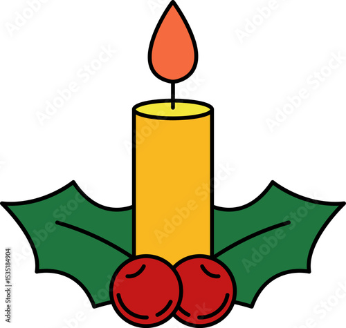 A candle is lit and holly berries