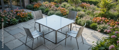  A Clean and Contemporary Outdoor Dining Area with Metallic Furniture, Positioned on a Stone Patio Amidst a Blooming Garden