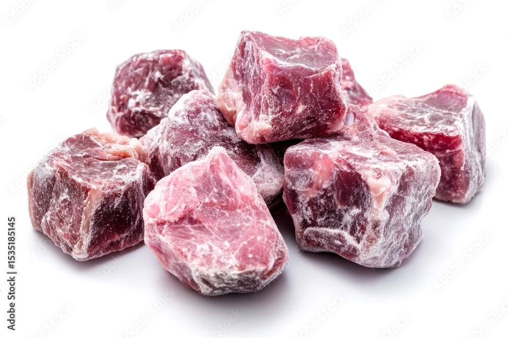 Fototapeta premium Frozen diced beef cubes ready for cooking, offering convenience and portion control for various dishes
