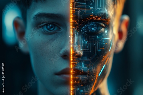 Half human face and half robot face showing artificial intelligence concept