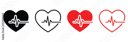 Heartbeat Icon Collection – Red and Black Pulse Line Symbols with Heart Shapes for Medical and Health Designs