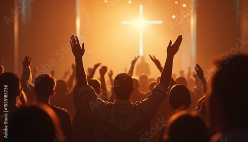 People Worship with Cross in Background