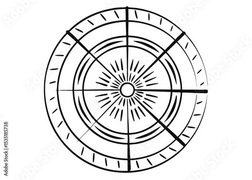 Concentric circle design with broken line details.

