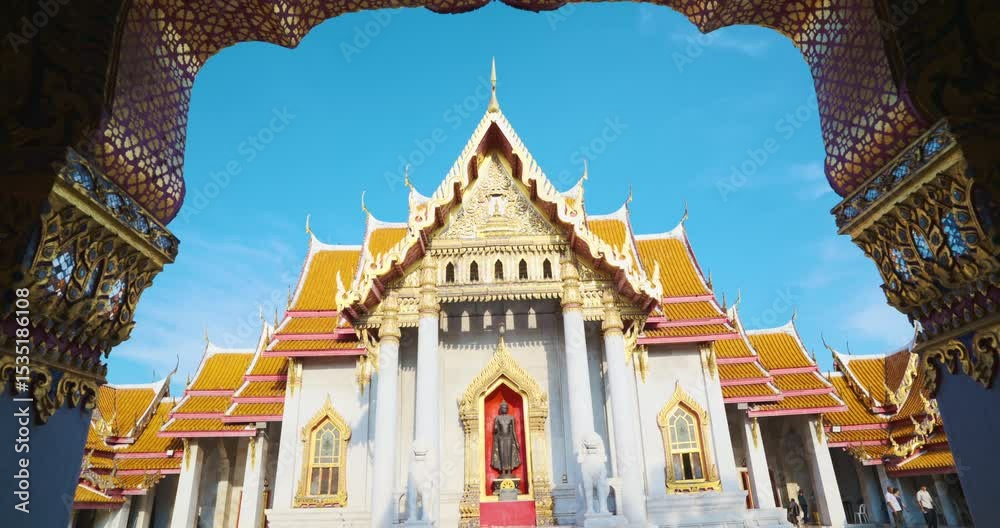 Wat benchamabophit buddhist temple sunset light blue sky sightseeing destination travel in Bangkok Thailand
