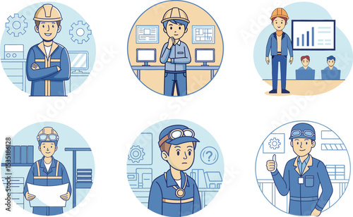Cartoon engineers in various professional scenarios isolated on white background