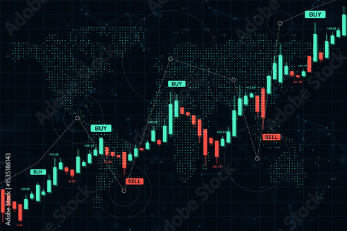 Papier peint Digital candlestick chart with buy and sell signals over global map background for financial market analysis and investment display template