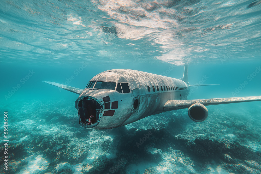Fototapeta premium Airplane Sinking Underwater in Clear Blue Ocean Water, a Surreal Concept