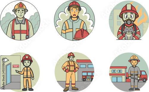 Illustrations of firefighters in various scenarios and poses with equipment and buildings