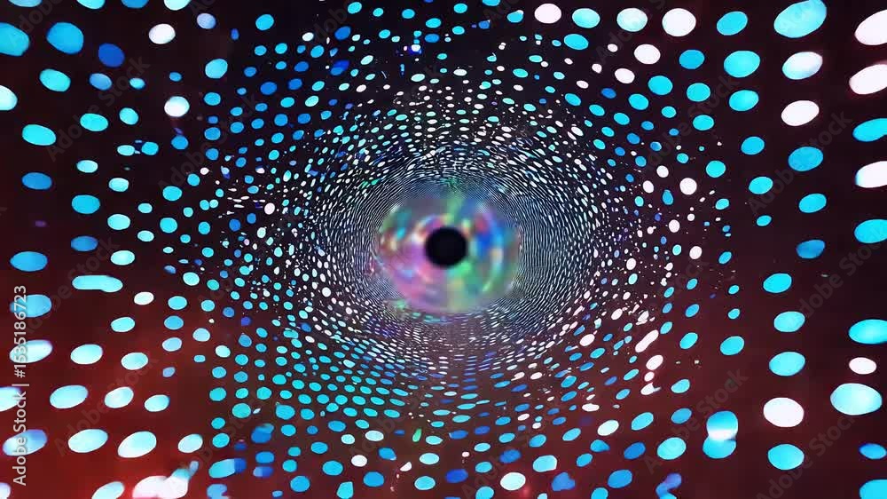 Colorful polka dot tunnel spins psychedelic strobe producing optical illusion depth VJ sets meditation intros crisp K render ensures vibrant retina pleasing visuals