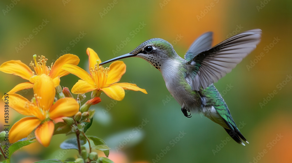 Naklejka premium macro shot of hummingbird’s slender beak reaching towards bright orange blossom in sharp focus 