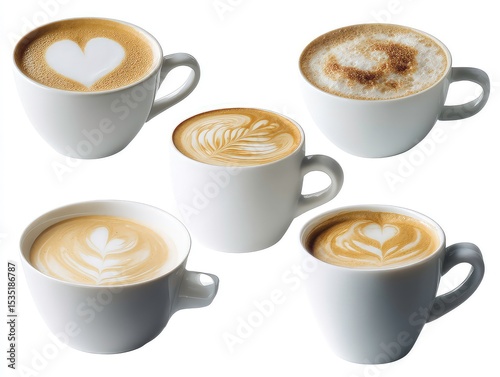 Collection of assorted coffee beverages in artistic mugs, diverse brew styles with latte art and rich foam texture isolated on white background