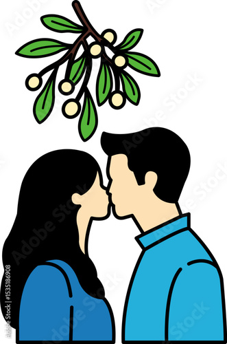 A man and woman are kissing under a bouquet of mistletoe