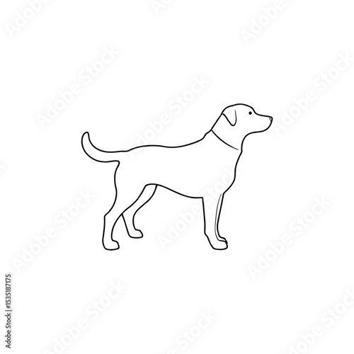 Simple black and white outline illustration of a standing dog isolated on a white background.