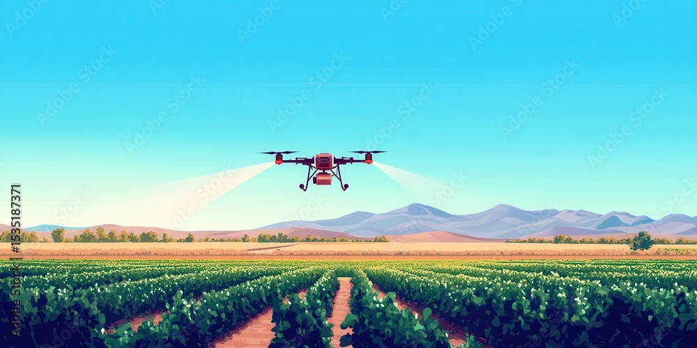 Fototapeta premium Modern Clean Vector Illustration of Drone Spraying Fertilizer Over Farm