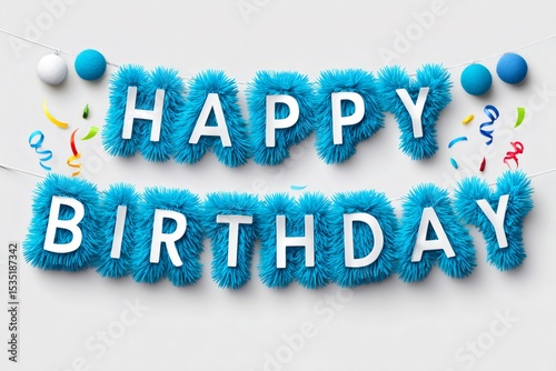 Fluffy blue happy birthday banner hanging with decorations and confetti