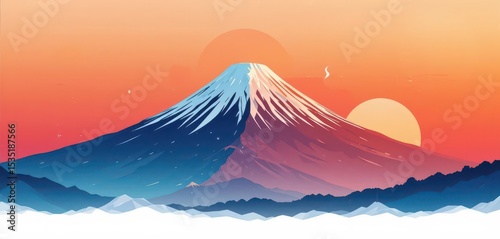  Modern Fuji Design Minimalist Flat design, Mt Fuji Illustration, gradient sunset, geometric background, modern