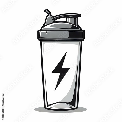Single vector icon in black and white of a sports shaker bottle with lightning bolt symbol, minimalist line art, no background