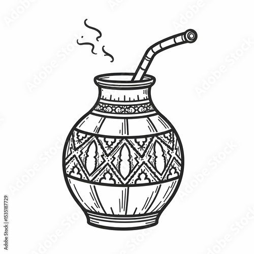 Black and white vector icon of a calabash gourd with bombilla straw, representing yerba mate drink, minimalist line art, no background