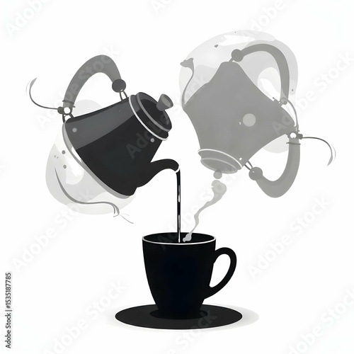Minimalist black and white vector icon of a kettle tilted pouring liquid into a cup, clean line art, no background