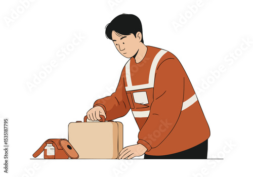 A young Asian man prepares a first aid kit, demonstrating preparedness.  Clear, modern illustration style.  Focus on safety and helpfulness.