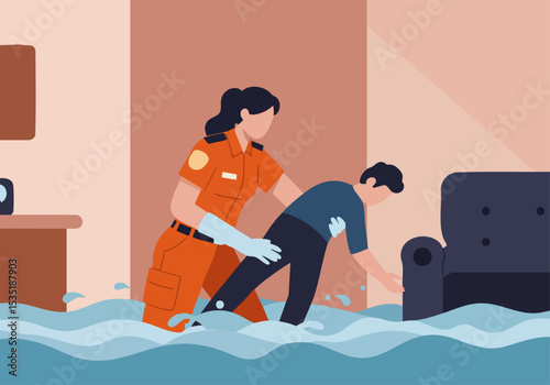 A female firefighter assists a man struggling in floodwater. Dramatic rescue scene, showcasing urgency and support.  Bright, contrasting colors.