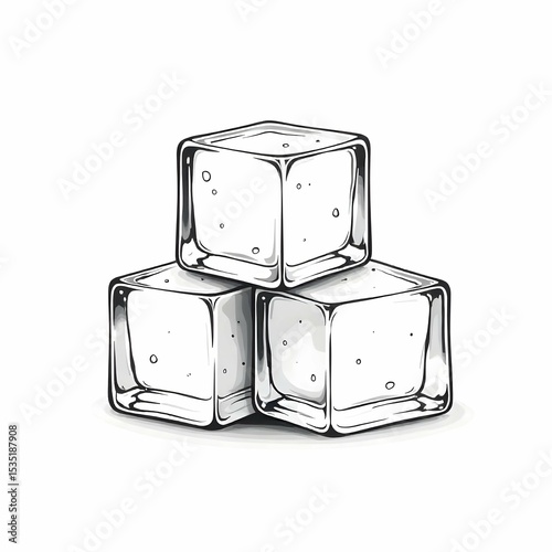 Minimalist black and white vector icon of three stacked ice cubes with slight shine lines, clean line art, no background