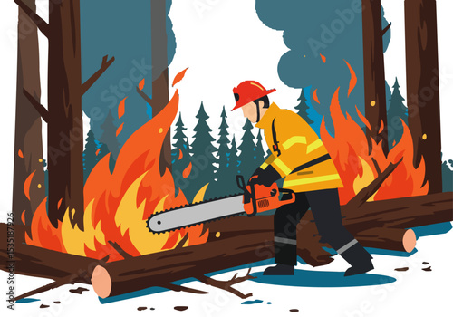 A firefighter battles a forest fire with a chainsaw, creating a firebreak. Dynamic action shot with flames and a focused professional. Suitable for safety and environmental themes.