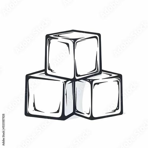 Minimalist black and white vector icon of three stacked ice cubes with slight shine lines, clean line art, no background
