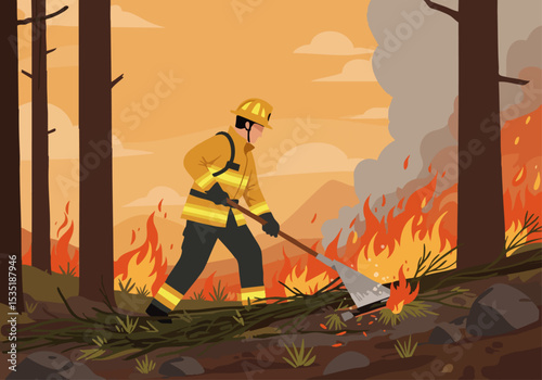 A firefighter battles a forest fire with a rake, showcasing a dramatic scene of resilience and action.  Warm tones and smoke create a powerful visual.