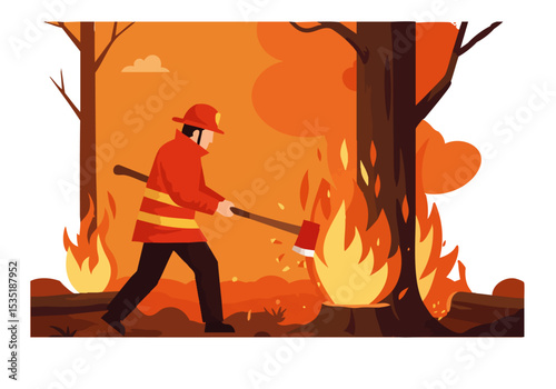 A firefighter battles a forest fire with an axe, showcasing bravery and action amidst intense flames. Bold colors and dynamic composition create a striking visual.