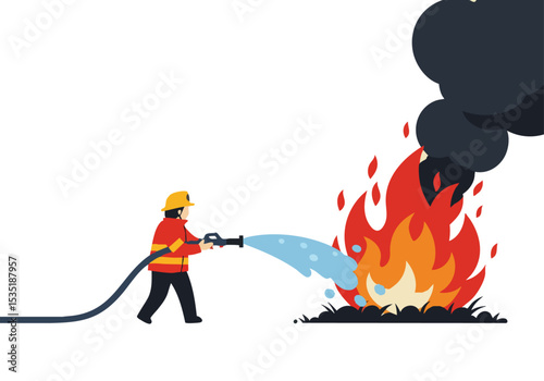 A firefighter battles a raging fire with a hose, symbolizing a smoke fight. Bold colors and dynamic composition create a striking visual.