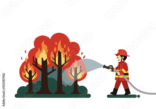 A firefighter battles a forest fire with a hose, showcasing a dramatic rescue scene. Vibrant flames and a determined hero create a compelling visual.