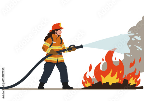 A female firefighter bravely combats a direct blaze with a powerful water stream. Dynamic action shot, showcasing strength and heroism. Bold colors and dramatic lighting.