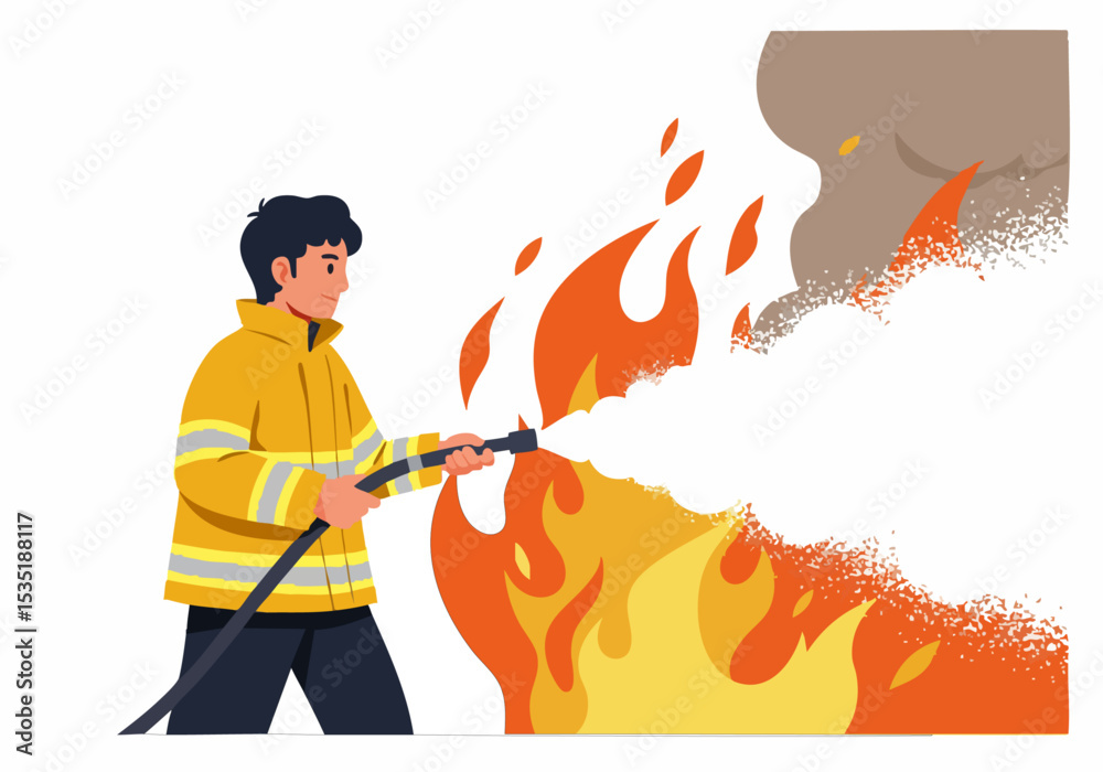 Naklejka premium A firefighter uses a foam-based fire suppression system to combat a vibrant blaze. Dynamic action shot with a clear subject and impactful visual.