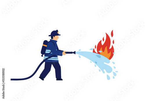 A firefighter uses a hose to extinguish a stylized fire. Bold, graphic illustration. Strong visual impact. Suitable for commercial use.