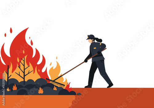 A firefighter uses a rake to control a wildfire. Dramatic flames and a focused professional create a powerful visual. Suitable for safety, emergency, and nature themes.