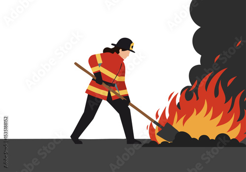 A female firefighter uses a shovel to extinguish flames. Dynamic composition, bold colors, and a sense of urgency. Suitable for commercial use.